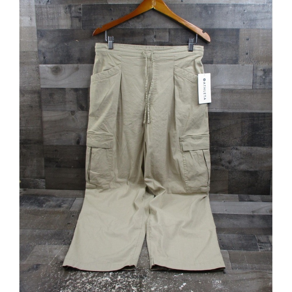 Athleta Paradise Cargo Pants Womens Small Petite Tan Linen Blend Straight Leg